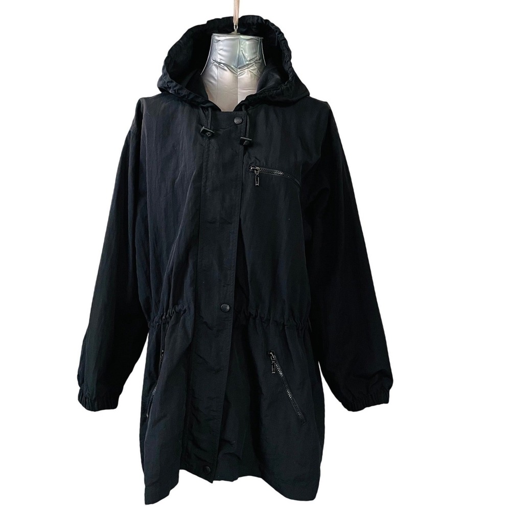 Eddie Bauer Black Hooded Anorak Jacket Women Lg‎ Drawstring Waist Zip Pockets